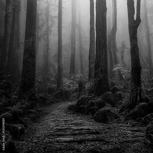 Gloomy, spooky, foggy dark forest landscape. Mysterious horror