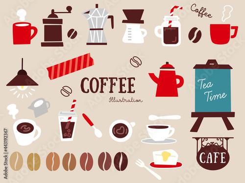 Fototapety オシャレで可愛いコーヒーモチーフのイラスト 手書き カフェ ポッド コーヒー豆 コップ ケーキ Fashionable And Cute Coffee Motif Illustrations Handwritten Cafe Pod Coffee Beans Cups Cakes