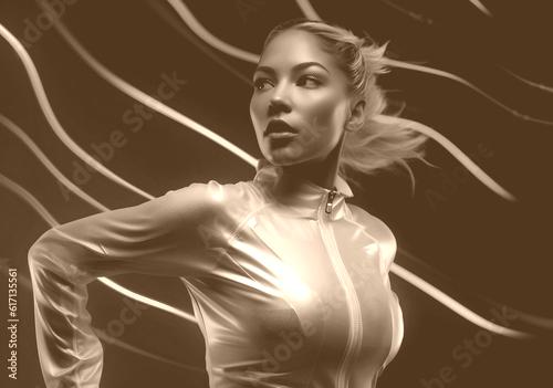Premium AI Image  Futuristic white female wearing neon tube sports clothing  with bright lighting elements Metaverse Virtual Fashion